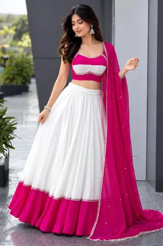 white cotton silk plain traditional lehenga choli with free size upto 42