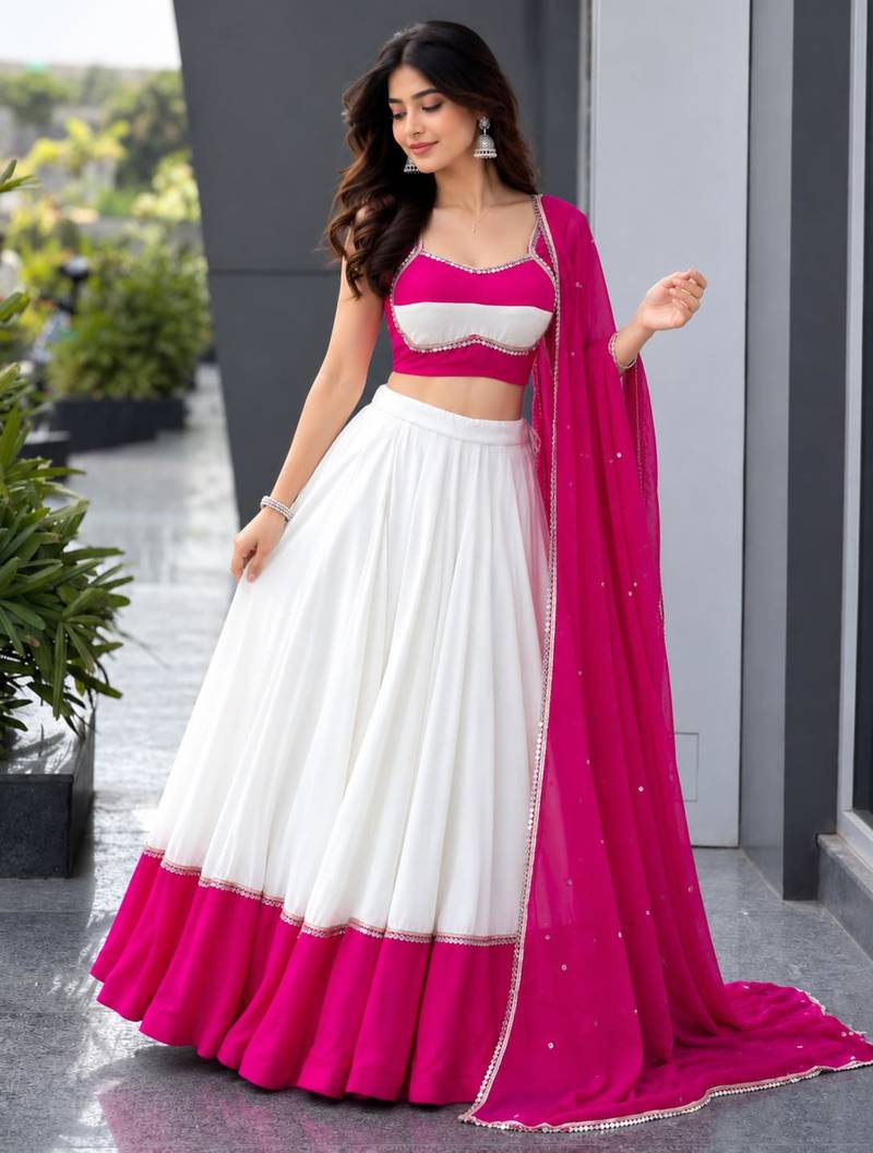 white cotton silk plain traditional lehenga choli with free size upto 42