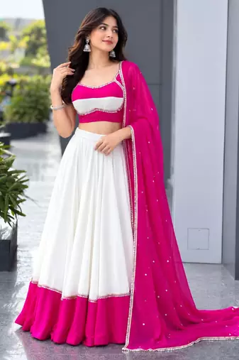 white cotton silk plain traditional lehenga choli with free size upto 42