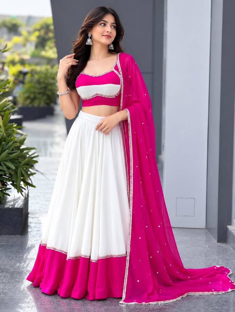 white cotton silk plain traditional lehenga choli with free size upto 42