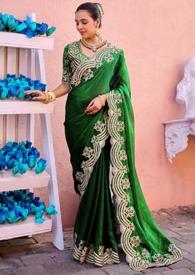 New collection bottle green embroidery border fandy satin saree with unstitched blouse 1