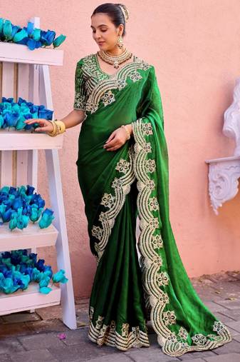 New collection bottle green embroidery border fandy satin saree with unstitched blouse