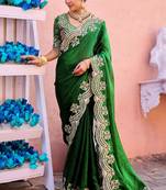 New collection bottle green embroidery border fandy satin saree with unstitched blouse