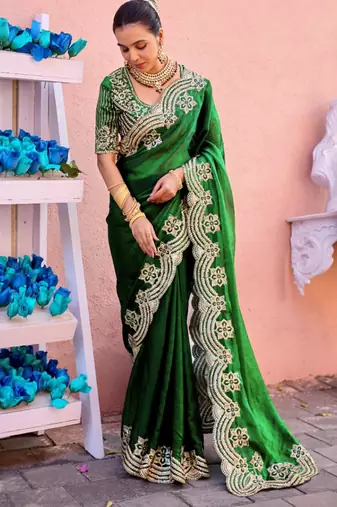 New collection bottle green embroidery border fandy satin saree with unstitched blouse