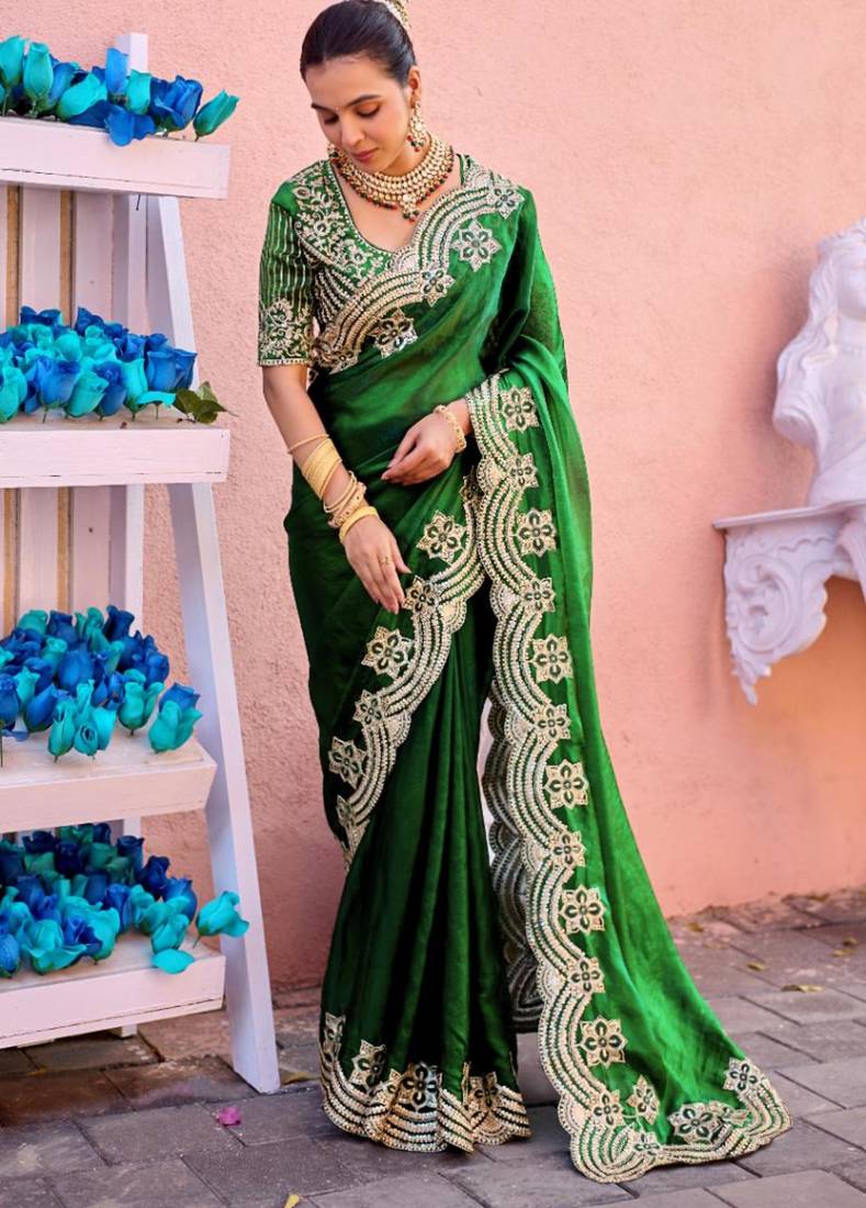 New collection bottle green embroidery border fandy satin saree with unstitched blouse