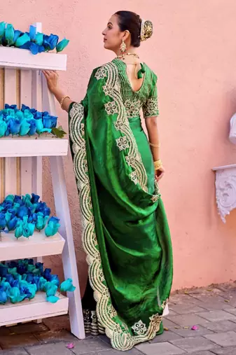 New collection bottle green embroidery border fandy satin saree with unstitched blouse