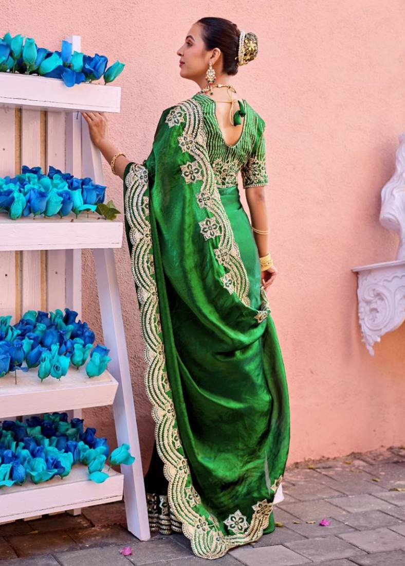 New collection bottle green embroidery border fandy satin saree with unstitched blouse
