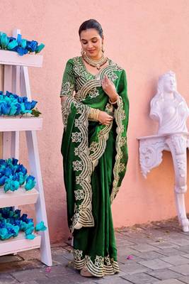 New collection bottle green embroidery border fandy satin saree with unstitched blouse 4