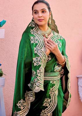New collection bottle green embroidery border fandy satin saree with unstitched blouse 5