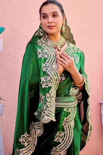 New collection bottle green embroidery border fandy satin saree with unstitched blouse