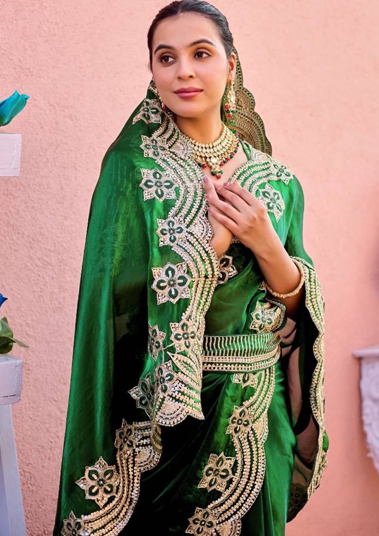 New collection bottle green embroidery border fandy satin saree with unstitched blouse