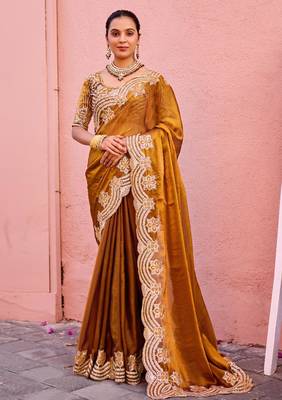 Latest dark mustard embroidery border fandy satin saree with unstitched blouse 1