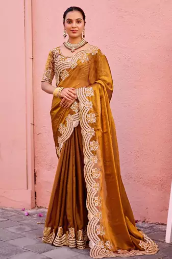Latest dark mustard embroidery border fandy satin saree with unstitched blouse