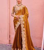 Latest dark mustard embroidery border fandy satin saree with unstitched blouse