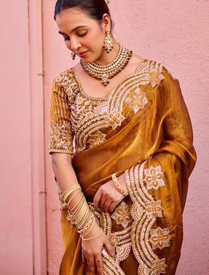 Latest dark mustard embroidery border fandy satin saree with unstitched blouse 2