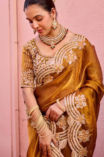 Latest dark mustard embroidery border fandy satin saree with unstitched blouse