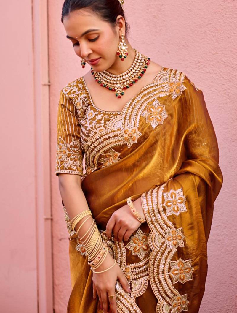 Latest dark mustard embroidery border fandy satin saree with unstitched blouse