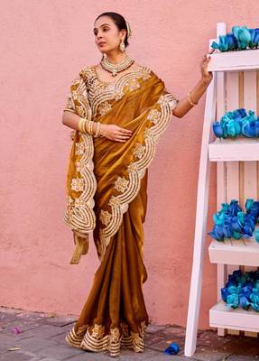 Latest dark mustard embroidery border fandy satin saree with unstitched blouse 3