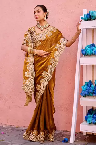 Latest dark mustard embroidery border fandy satin saree with unstitched blouse