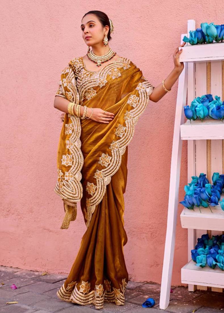 Latest dark mustard embroidery border fandy satin saree with unstitched blouse