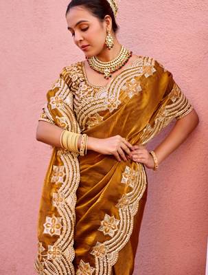 Latest dark mustard embroidery border fandy satin saree with unstitched blouse 4