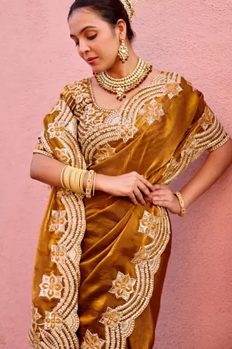 Latest dark mustard embroidery border fandy satin saree with unstitched blouse