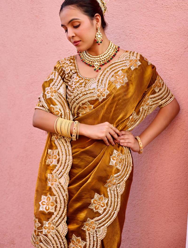Latest dark mustard embroidery border fandy satin saree with unstitched blouse