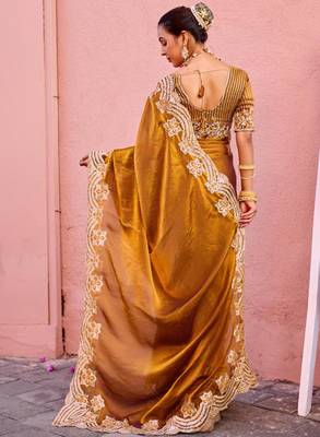 Latest dark mustard embroidery border fandy satin saree with unstitched blouse 5