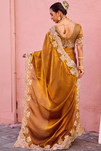Latest dark mustard embroidery border fandy satin saree with unstitched blouse