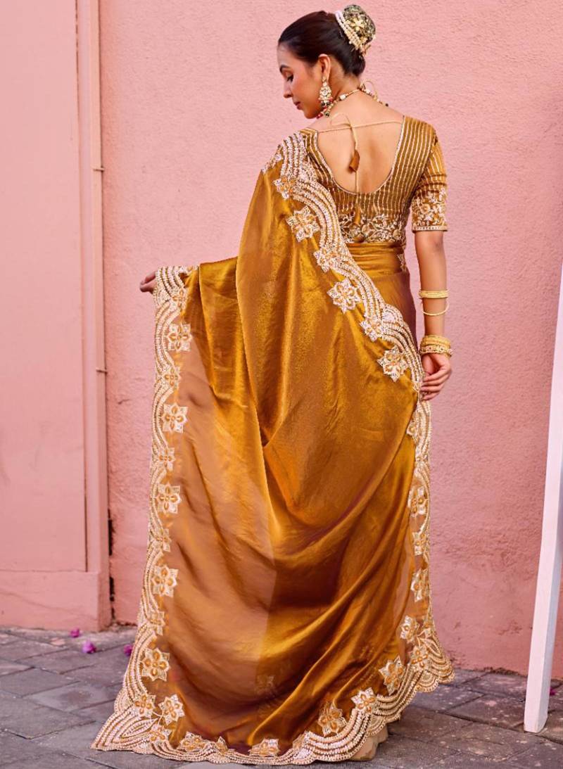Latest dark mustard embroidery border fandy satin saree with unstitched blouse