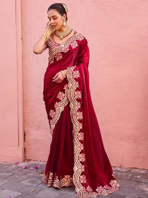 Celebrity inspired dark red embroidery border fandy satin saree with unstitched blouse 1