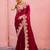 Celebrity inspired dark red embroidery border fandy satin saree with unstitched blouse