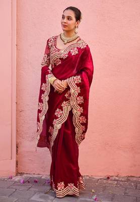 Celebrity inspired dark red embroidery border fandy satin saree with unstitched blouse 3