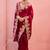 Celebrity inspired dark red embroidery border fandy satin saree with unstitched blouse