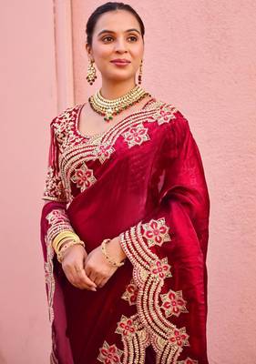 Celebrity inspired dark red embroidery border fandy satin saree with unstitched blouse 4