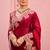 Celebrity inspired dark red embroidery border fandy satin saree with unstitched blouse