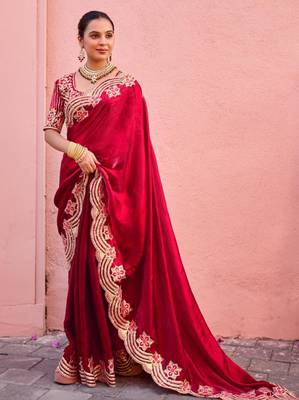 Celebrity inspired dark red embroidery border fandy satin saree with unstitched blouse 5