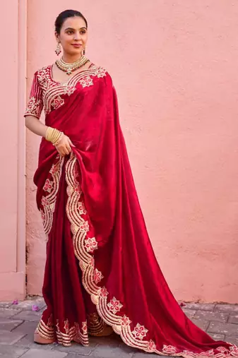 Celebrity inspired dark red embroidery border fandy satin saree with unstitched blouse