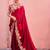 Celebrity inspired dark red embroidery border fandy satin saree with unstitched blouse