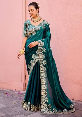 Bollywood dark teal embroidery border fandy satin saree with unstitched blouse 1
