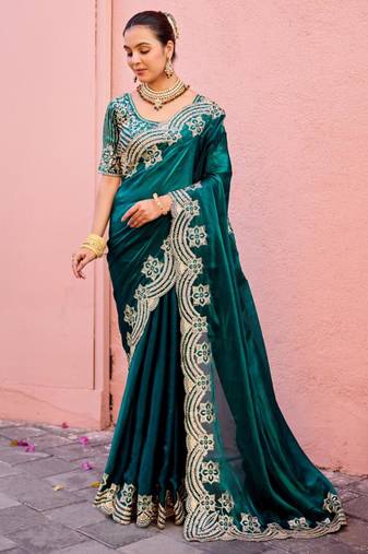 Bollywood dark teal embroidery border fandy satin saree with unstitched blouse