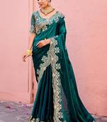 Bollywood dark teal embroidery border fandy satin saree with unstitched blouse