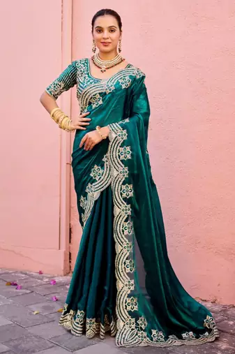 Bollywood dark teal embroidery border fandy satin saree with unstitched blouse