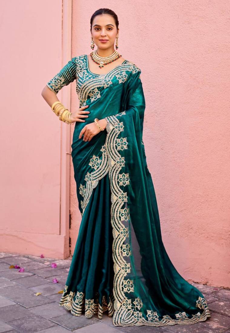 Bollywood dark teal embroidery border fandy satin saree with unstitched blouse