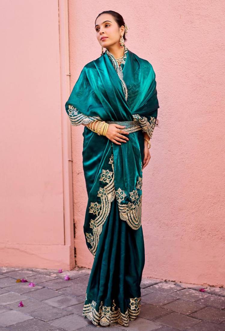 Bollywood dark teal embroidery border fandy satin saree with unstitched blouse
