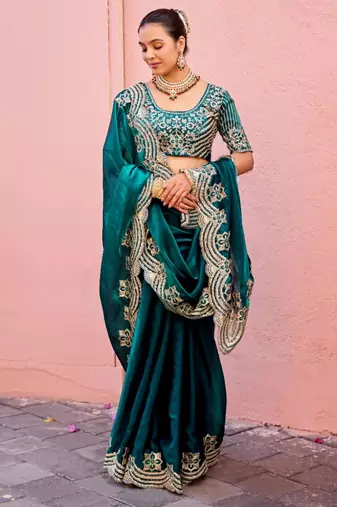 Bollywood dark teal embroidery border fandy satin saree with unstitched blouse