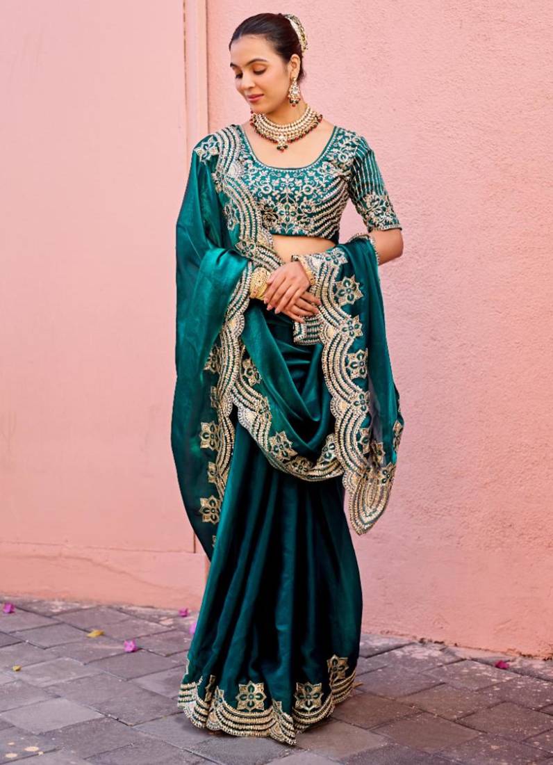 Bollywood dark teal embroidery border fandy satin saree with unstitched blouse