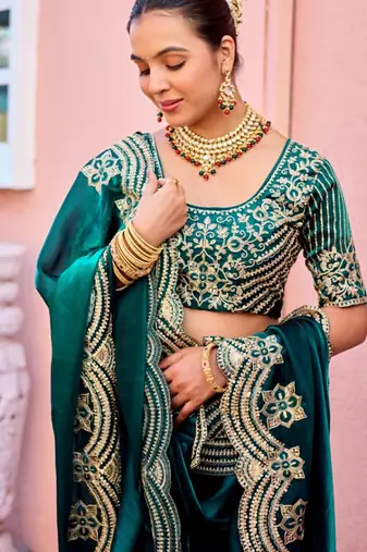 Bollywood dark teal embroidery border fandy satin saree with unstitched blouse