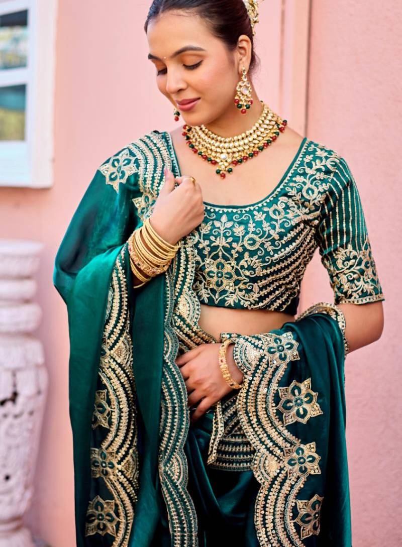 Bollywood dark teal embroidery border fandy satin saree with unstitched blouse