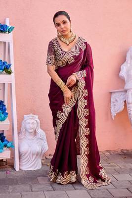 Kanjivaram wine embroidery border fandy satin saree with unstitched blouse 1